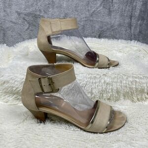 Paul Green Ankle Strap Sandals Womens 9 Beige Gold Very Good Leather Kitten Heel